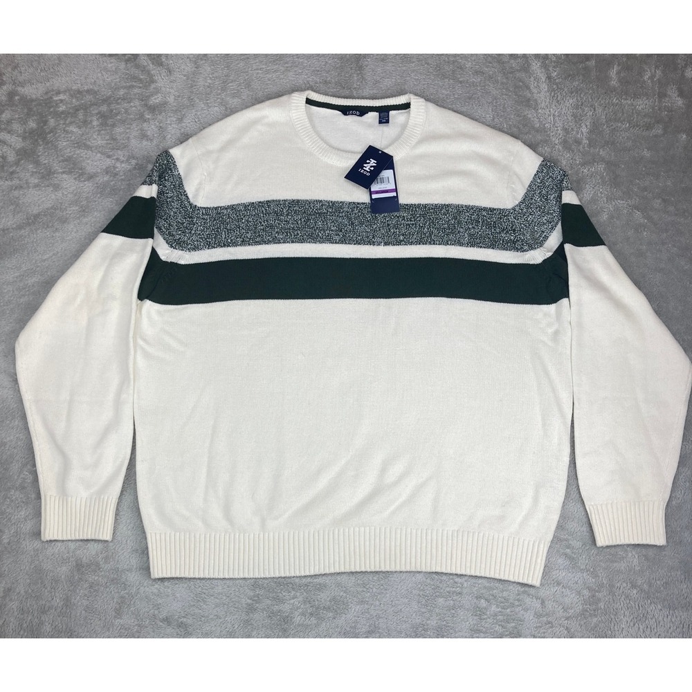 IZOD Sweater Mens XXL Crewneck White Vanilla Striped Natural Stretch‎ Soft